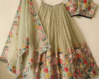 Pistachio Lehenga Choli: Georgette Embroidery Indian Wedding Wear