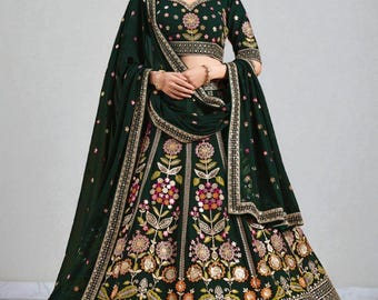 Embroidered Green Georgette Lehenga Choli: Indian Wedding Outfit