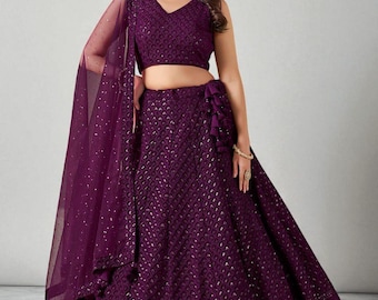 Wine Georgette Lehenga Choli: Sequin Embroidery Indian Wedding Wear