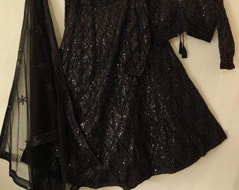 Black Georgette Lehenga Choli: Sequins & Dori Work Indian Outfit