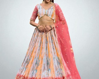 Pink & White Printed Lehenga Choli: Zari Sequin Chinon Silk Indian Outfit