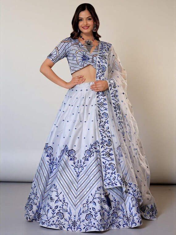 blue and white lehenga dress Navy Blue-White Viscose Rayon Embroidered Fully Stitched Lehenga Choli main image 1