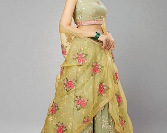 Pista Green Georgette Lehenga Choli: Sequin & Zari Embroidery, Indian Outfit