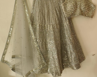 Sequin Georgette Lehenga Choli: Grey Indian Wedding Wear