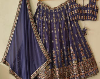 Lavender Lehenga Choli: Indian Bollywood Sequins Embroidery Party Wear outfit