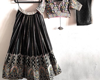 Black Georgette Lehenga Choli: Thread & Sequins Embroidery, Semi-Stitched