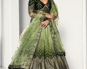 Green Sequin Lehenga Choli: Embroidered Wedding Party Wear