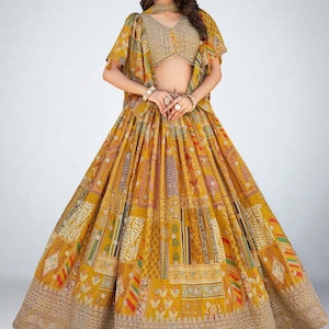 Lehenga Choli de seda bordada: traje de boda indio multicolor amarillo
