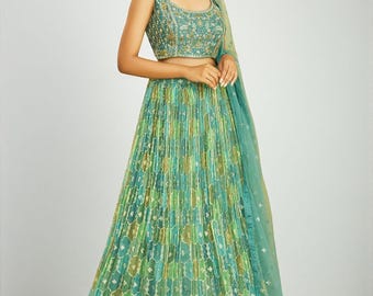 Green Embroidered Lehenga Choli: Zari, Sequin & Mirror Work Indian Outfit