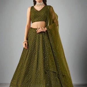 Mehendi Green Lehenga Choli: Georgette Indian Wedding Wear