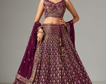 Maroon Georgette Lehenga Choli Dupatta, Sequins Zari Resham Embroidery, Bollywood Style Sangeet Outfit Lehengas