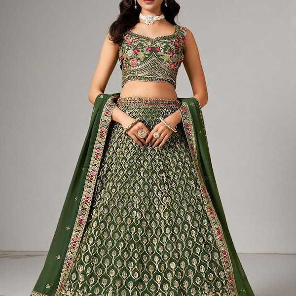 Green Lehenga Choli For Women Party Wear Wedding  Chaniya Choli Embroidere Sequins Work