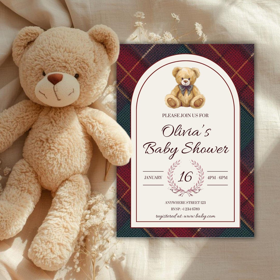 Ralph Lauren Baby Shower Invitation, Polo Teddy Bear, Luxury Tartan ...
