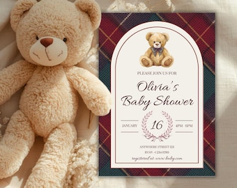 Ralph Lauren Baby shower Invitation, Polo Teddy Bear, Luxury Tartan plaid (Digital download)