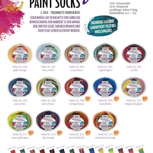 May include: A product catalogue showcasing "Woolly Hugs Paint Socks" yarn, with multiple balls of yarn in diverse colour combinations. The image includes colour names and numbers, yarn composition details, and care instructions.