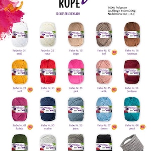 Puede incluir: Exhibición de producto de hilo Woolly Hugs Rope en varios colores. La imagen muestra múltiples madejas de hilo en tonos blanco, beige, rosa, azul y verde. El texto "Woolly Hugs Rope" se muestra de forma destacada, junto con nombres y números de colores.