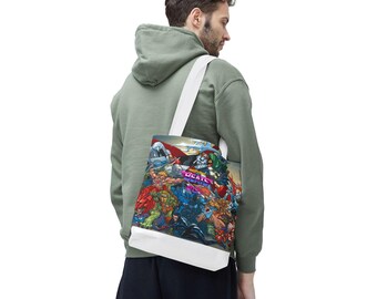 80s Cartoon Characters Tote Bag: Retro Print, Durable Polyester