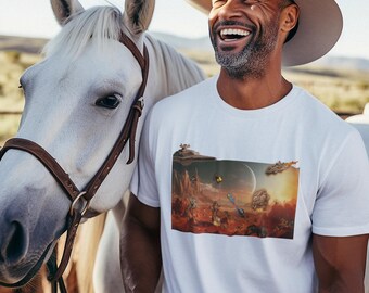 Cosmic Battle T-Shirt: Space Art Graphic Tee, Sci-Fi Gift