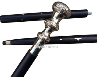 Walking Cane – Brass Engraved Handle – Victorian Style Wooden Walking Stick