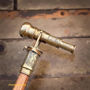 Engraved Brass Walking Stick With Telescope & Direction Compass On Top Spyglass Cane, 1920 Dollond London Victorian Canes, Christmas Gift