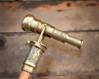 Engraved Brass Walking Stick With Telescope & Direction Compass On Top Spyglass Cane, 1920 Dollond London Victorian Canes, Christmas Gift