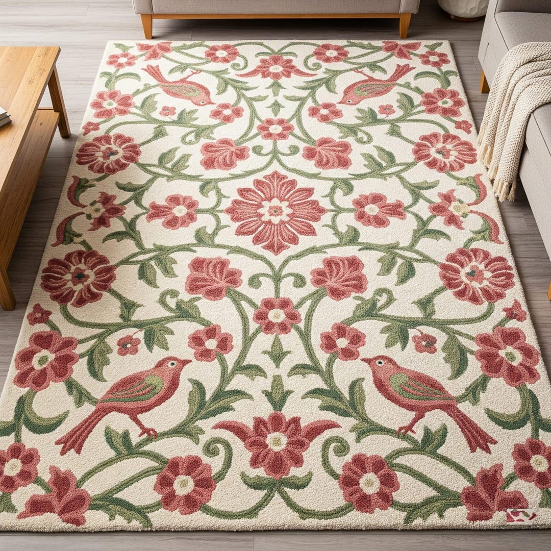 Bright Bird Rug Pink Green Floral Medallion Bird Rug, Ivory Hand Tufted Nature Inspired ...