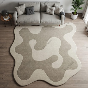 White Irregular Tufted Rugs, Organic Shape Artistic Sculptural Wool Rugs for Bedroom Living Room, Modern 8X10 9X12 Carpets for Kids Room