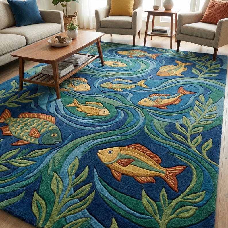 Blue Ocean Colorful Fish Wool Rug, Hand Tufted Nature Inspired Area ...