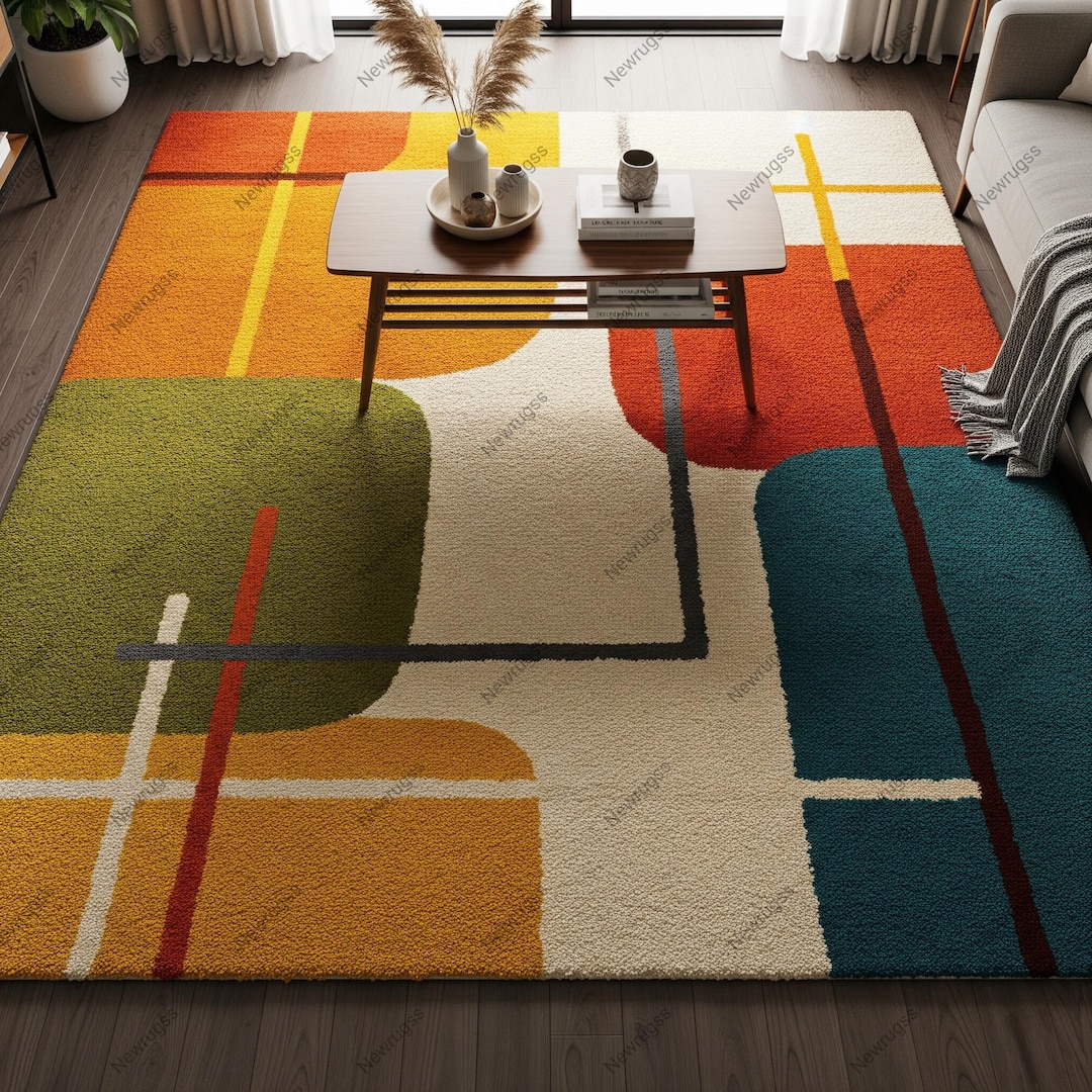 Colorful Rug Design Colorful Geometric Hand Tufted Wool Rug, Mid Century Modern Abstract ...