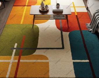 Colorful Geometric Hand Tufted Wool Rug, Mid Century Modern Abstract Area Rugs
