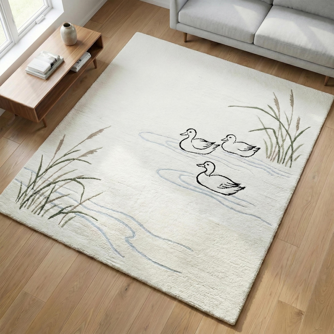 Pink Duck Rug Cream Duck Tufted Wool Rug, Modern Handmade Nature Area Rugs for ...