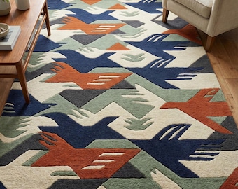 Colorful Geometric Wool Tufted Rug, Mid Century Modern Abstract Area Rugs