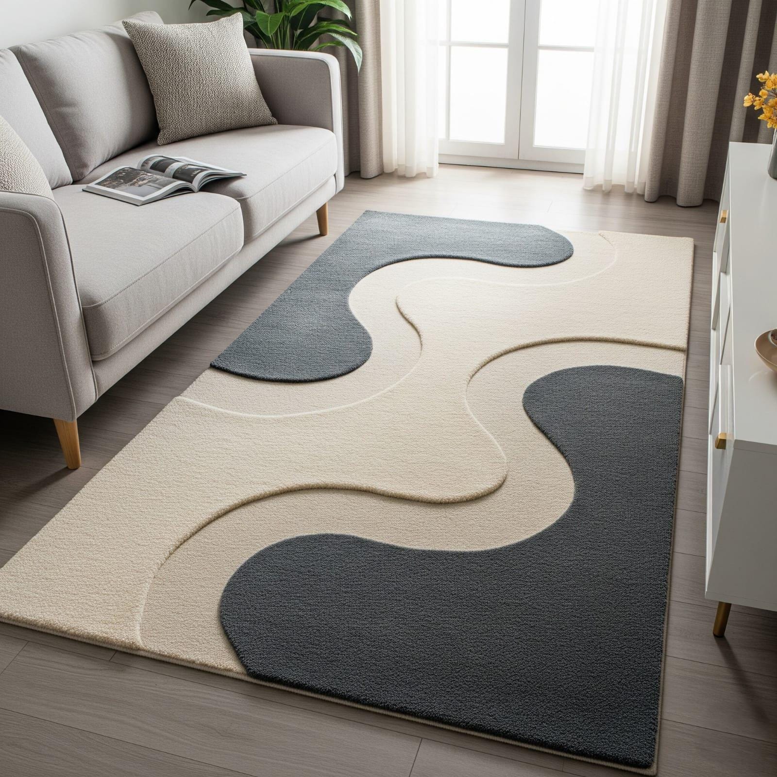 Beige Grey Abstract Wool Rug, Hand Tufted Modern Wavy Textured Area ...