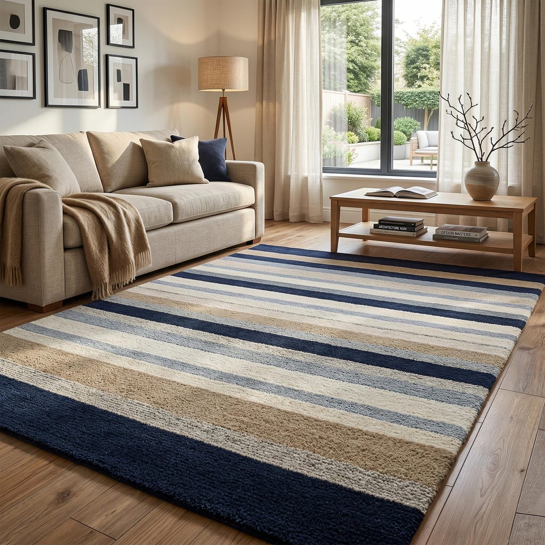 Hand Tufted Striped Wool Rug ,navy Ivory Scandinavian Area Rug - Etsy