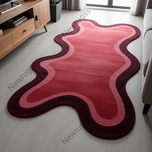 Deep Red Pink irregular Abstract design Hand Tufted Wool Rug For Living Room, Modern Contemporary 8x10 9x12 Tuft Bedroom Indoor Area Carpet
