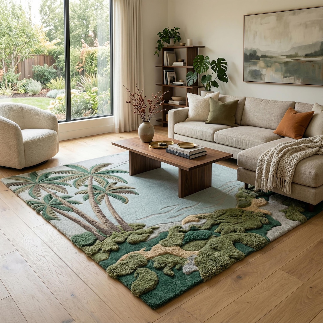 Tui Rugs Hand Tufted Wool Rug, Tropical Palm Design Aqua Green Coastal Area Rugs ...