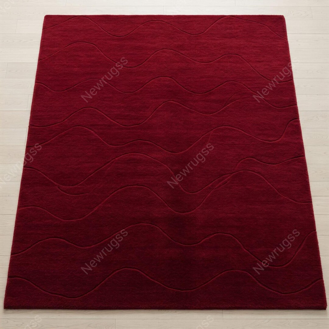Red Tuft Rug Solid Deep Red Wool Rug, Hand Tufted Wavy Textured Area Rugs for ...