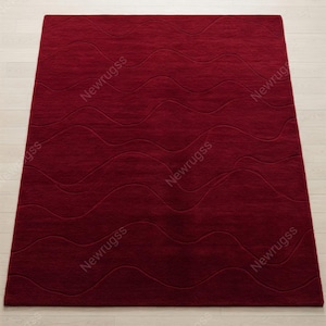 Solid Deep Red Abstract Hand Tufted Organic Pattern Wave Design Wool Area Rugs for Bedroom, Modern 8x10 9x12 Handmade Living Room Carpets