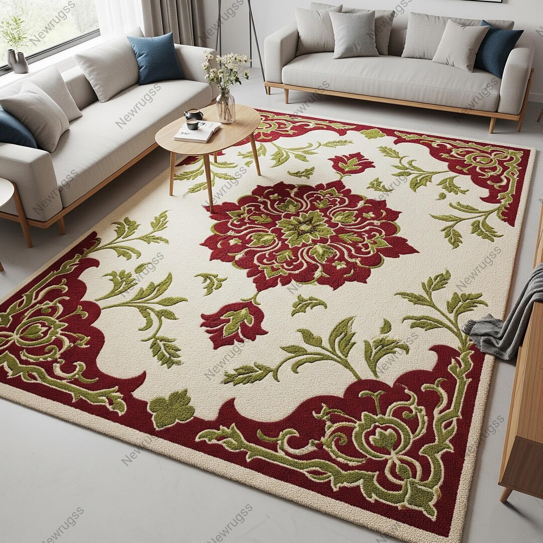 Red Green Floral Medallion Wool Rug, Ivory Hand Tufted Traditional Area ...