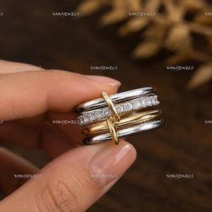 Moissanite Interlocking Ring, 18K Gold Multi-Band Stacking Ring, Spinelli Dupe Two-Tone Diamond Eternity Statement Ring, Modern Jewelry