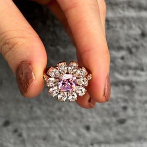 2ct Pink Cushion Cut Moissanite Engagement Ring, Pink Elongated Cushion Cut Moissanite Flower Design Halo Ring, Womens Engagement Ring