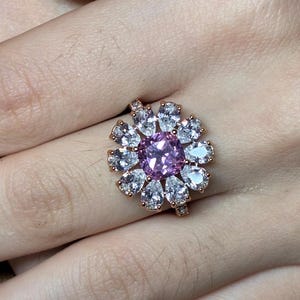 2ct Pink Cushion Cut Moissanite Engagement Ring, Pink Elongated Cushion Cut Moissanite Flower Design Halo Ring, Womens Engagement Ring