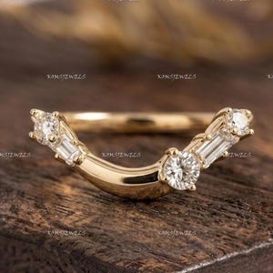 Solid Gold Curved Wedding Band 14k Gold Moissanite Contour Ring Dainty Baguette Ring Enhancer 18k Gold Nesting Ring For Solitaire Gift