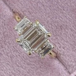 3CT Emerald Cut Three Stone Colorless Moissanite Engagement Ring, Diamond Promise Ring, Wedding Anniversary Gift, CZ Trilogy Ring 925 Silver