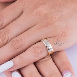 Round Cut Moissanite Wedding Band, Scattered Diamond Stunning Cigar Band, 14K Gold Satin Finish Band, Flush Set Diamond Half Eternity Band