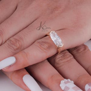 1.50 CT East West Long Oval Cut Moissanite Engagement Ring, Half Bezel Set Engagement Ring, 14k Solid Gold Oval Solitaire Big Diamond Ring