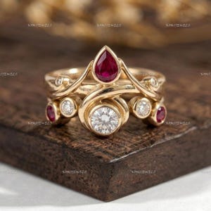 Bague tourbillon rubis zircone, bague abstraite en or 14 carats, anneau ouvert CZ poire, bague de cocktail artistique pour femme, bijoux en or uniques