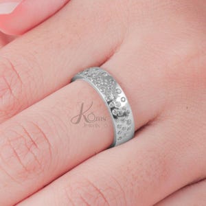 Round Cut Moissanite Wedding Band, Scattered Diamond Stunning Cigar Band, 14K Gold Satin Finish Band, Flush Set Diamond Half Eternity Band