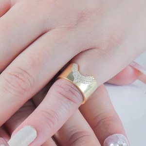 14k Gold Cigar Wedding Band, U Shaped Ring, Bezel Diamond Unique Band, Unique 8mm Wide Cut Out Design Womens Thick Wedding Band Chevron Ring