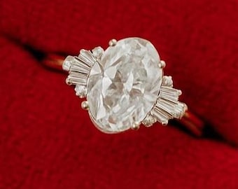 Anel de noivado de moissanita com corte oval, anel de pedido de casamento com formato de baguete, anel de compromisso vintage com diamante, anel de presente de aniversário para mulheres